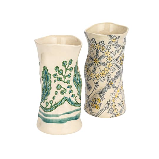 Hello Honey® 7" Multicolor Wax Relief Patterned Round Stoneware Vase Set